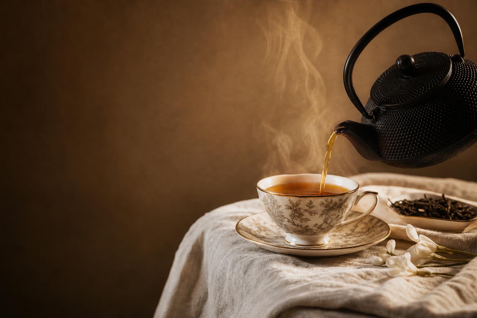 Théière en fonte versant un thé ambré dans une tasse de porcelaine, gestes du thé à la lumière du jour