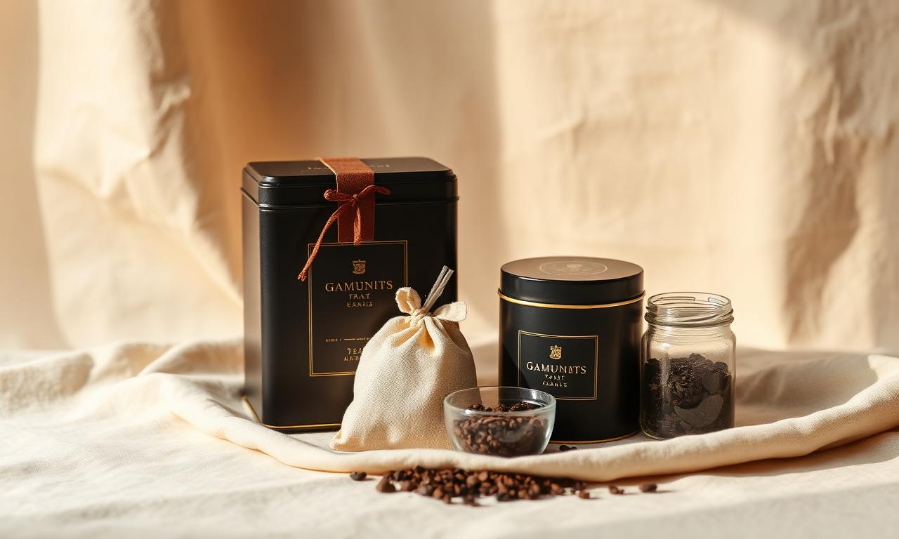 Boîte signature, sachets mousseline et bocal de feuilles en vrac