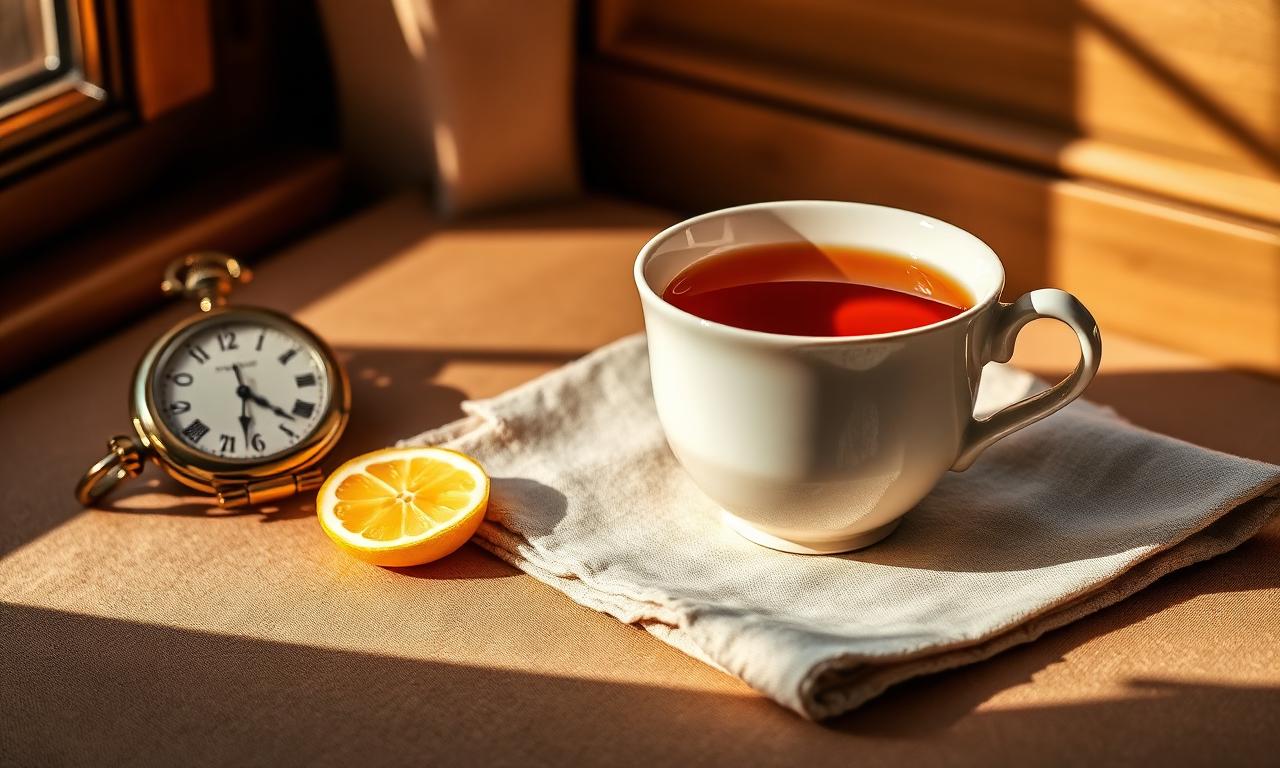 Tasse de thé ambré, montre à gousset et zeste de citron, lumière de fin d'après-midi