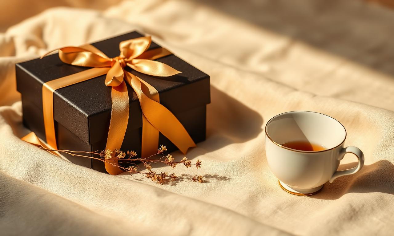 Coffret cadeau noir ruban camel, tasse de porcelaine, lumière chaude