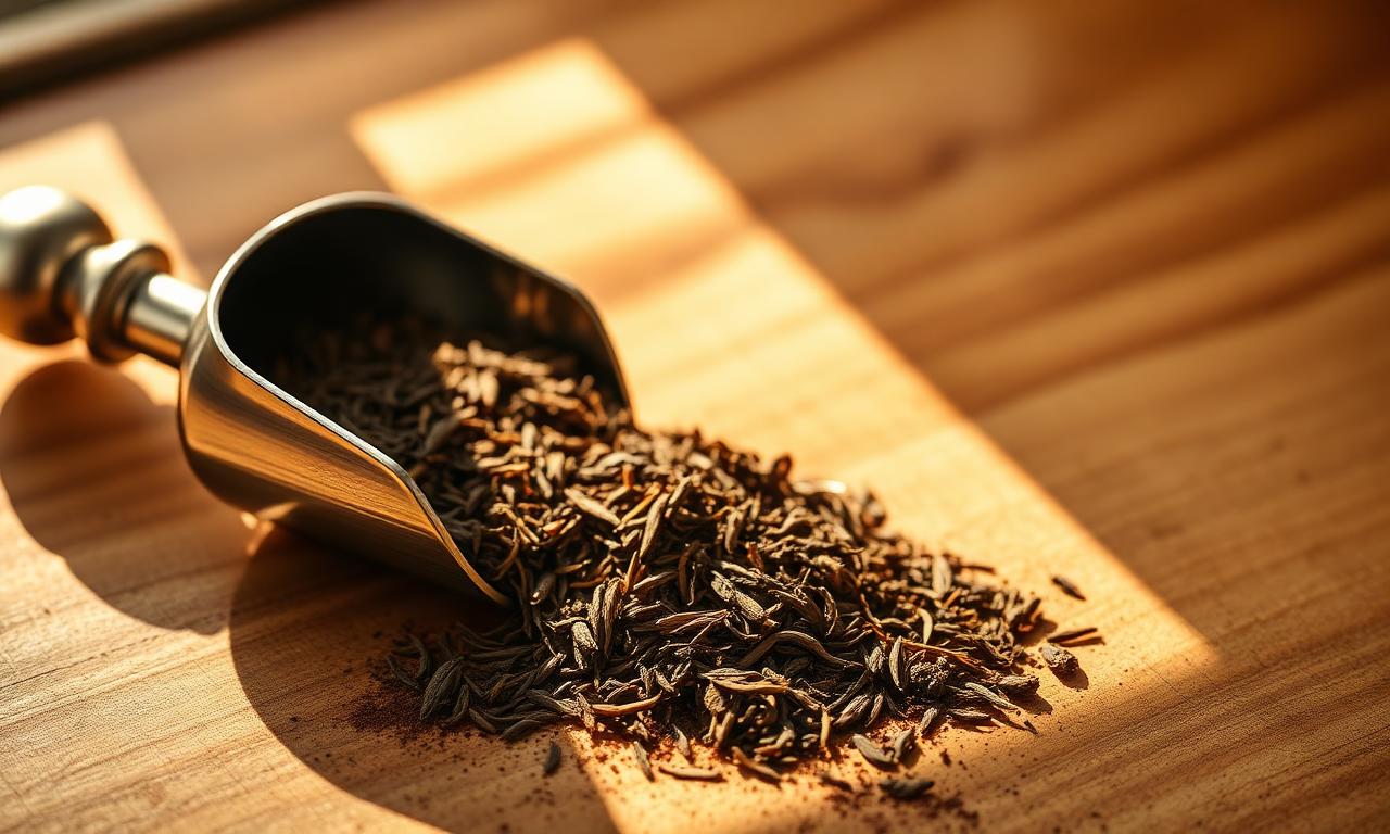 Feuilles de thé Darjeeling versées d'une mesurette en métal brossé