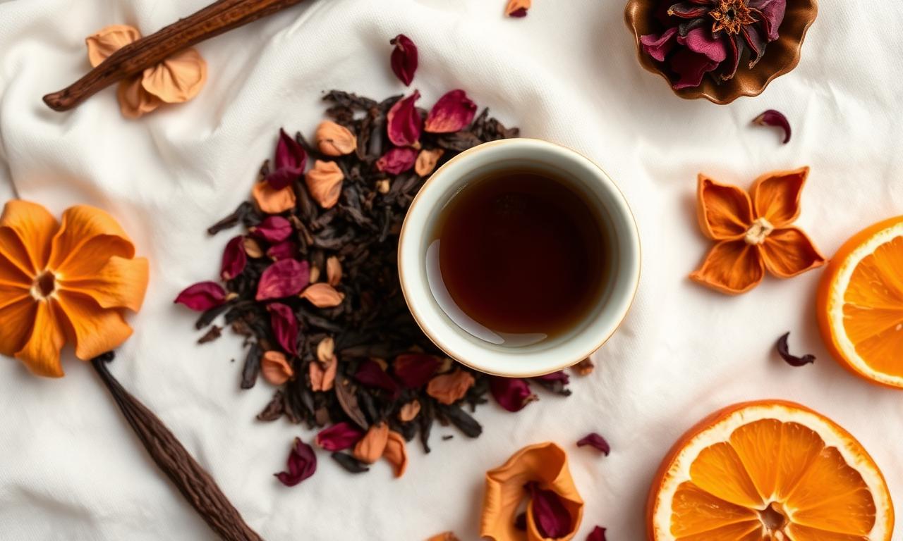 Bergamote, pétales de rose, vanille et orange autour d'une coupe de thé noir