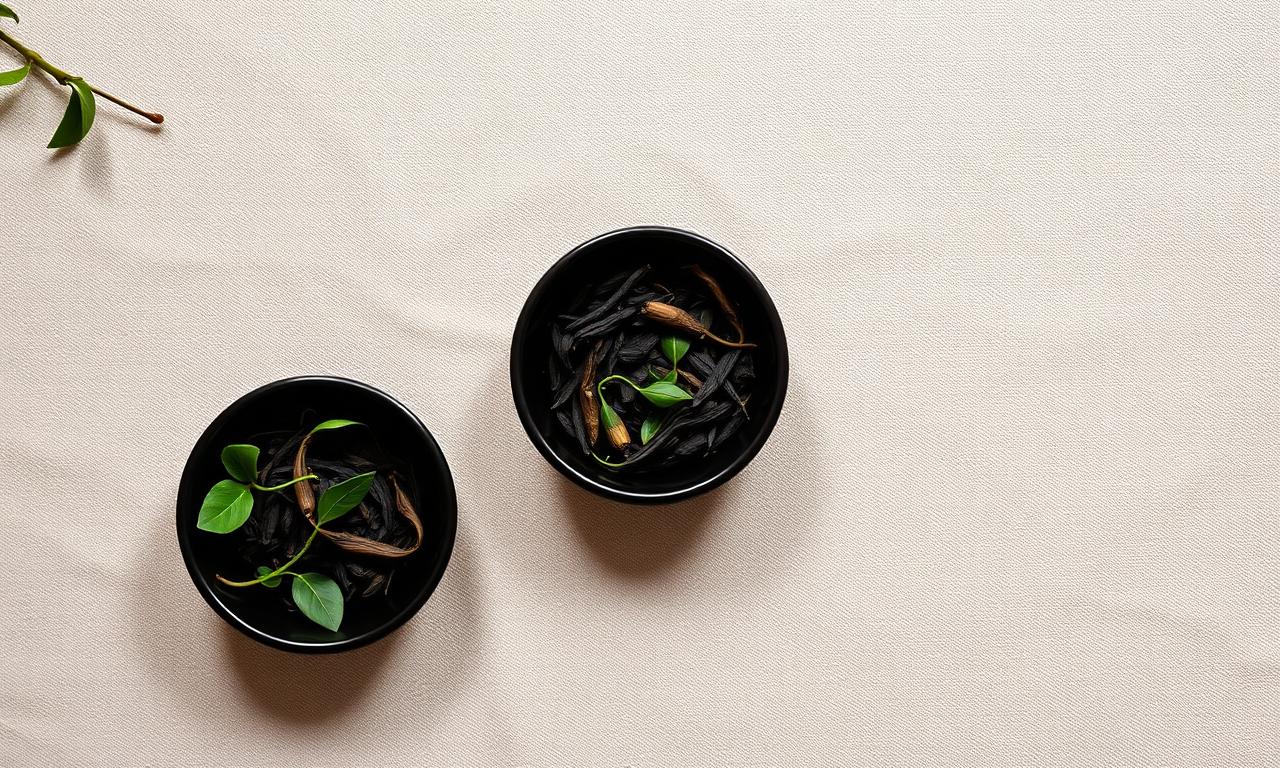 Bols de thés verts et noirs, plat éditorial